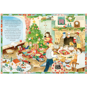 Illustrated Christmas scene with family around a tree and fireplace, featuring Santa Claus.