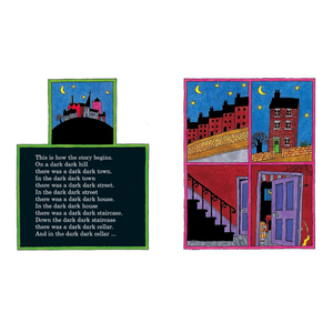 Illustrations of a dark town and house with descriptive text on a white background