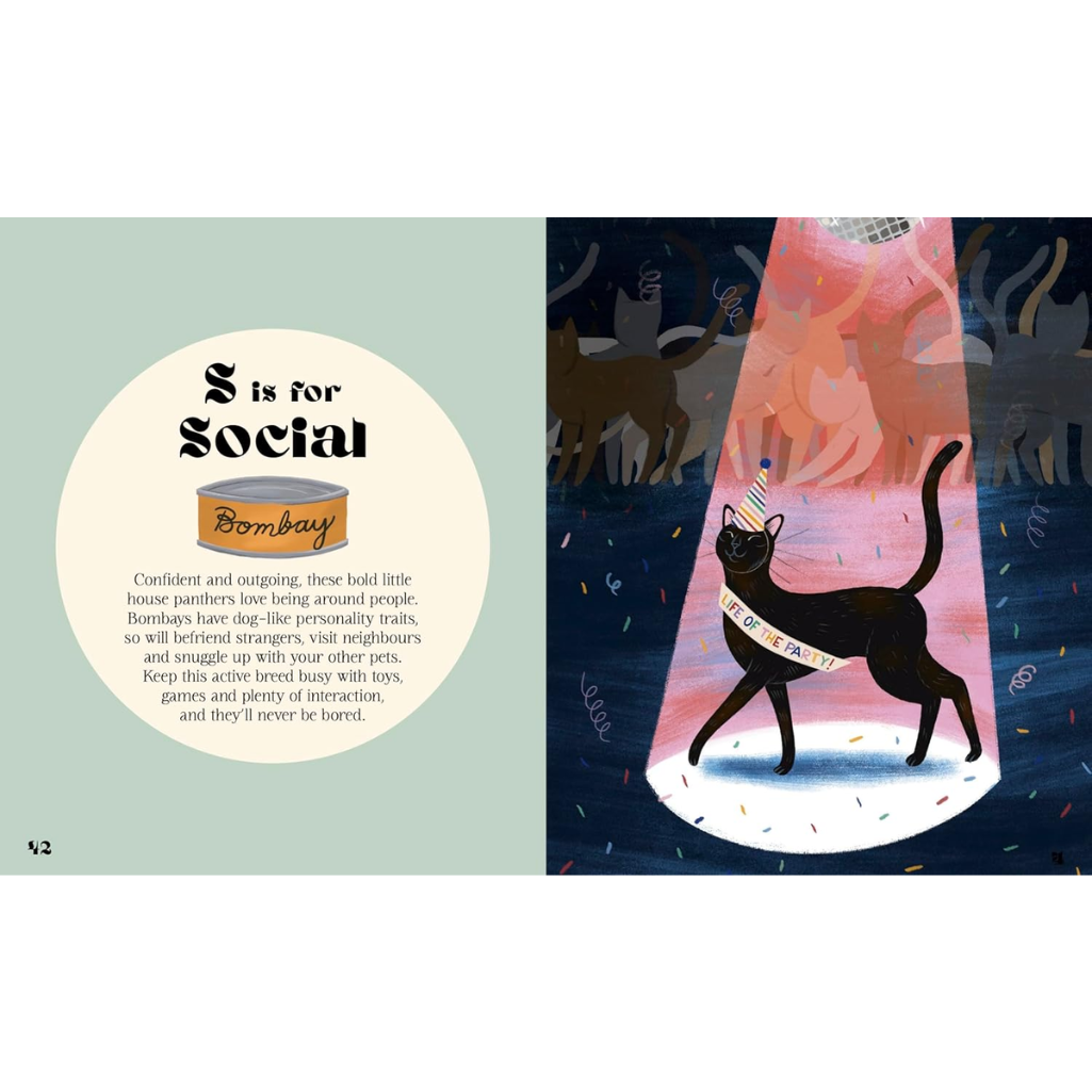 Illustrated book page with a cat and text about Bombay cats.