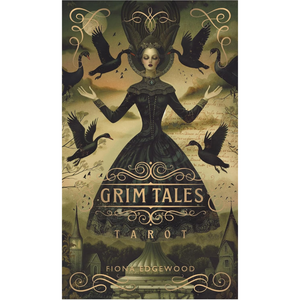 Book cover of 'Grim Tales Tarot' by Fiona Edgewood with a woman in a dark dress and birds.