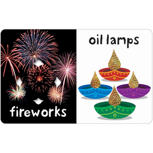 Two cards showing fireworks on one side and oil lamps on the other, with labels underneath.