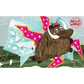 Illustration of a mammoth with a bow tie and horn, standing on a star-shaped platform with text 'Hello, World!' and small white figures around.