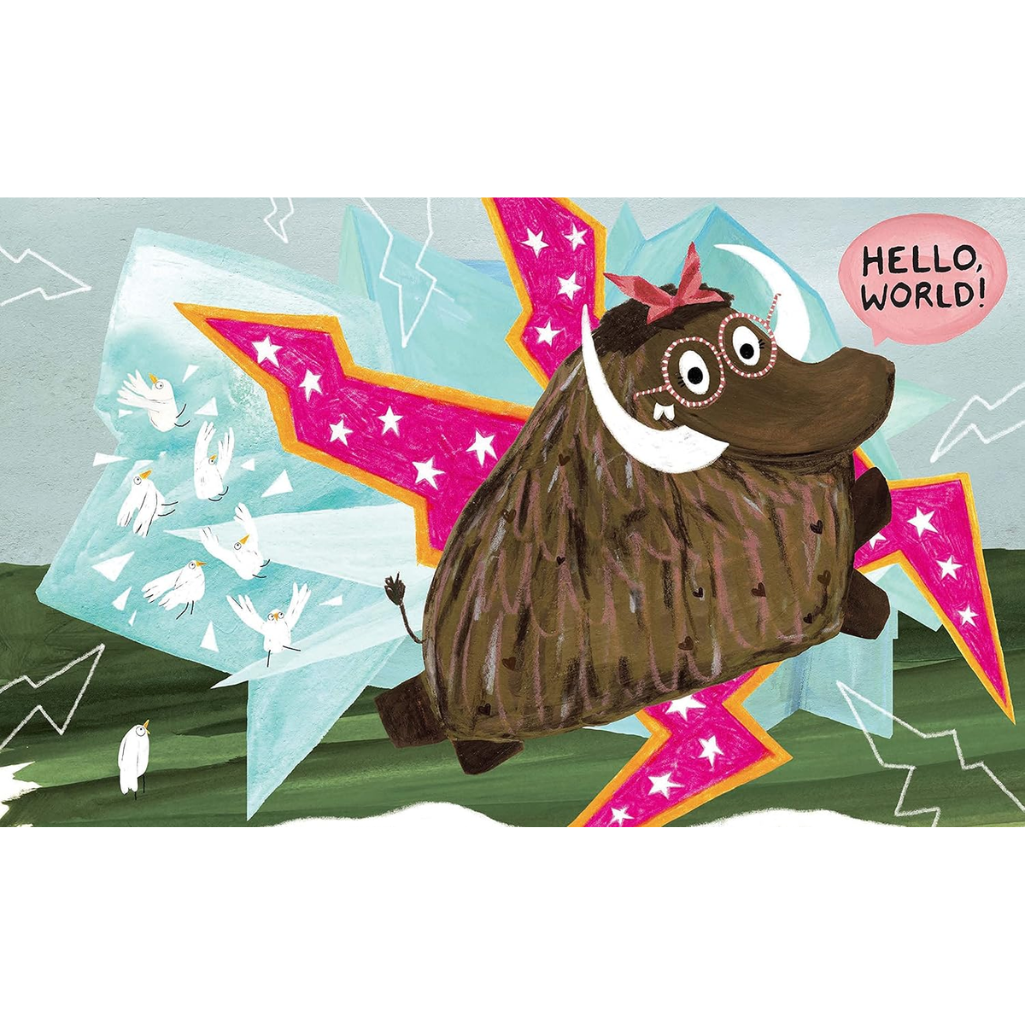 Illustration of a mammoth with a bow tie and horn, standing on a star-shaped platform with text 'Hello, World!' and small white figures around.