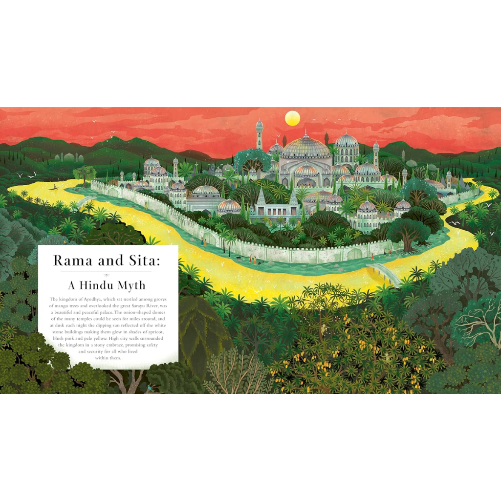 Illustration of a Hindu temple complex with a red sky and green landscape.