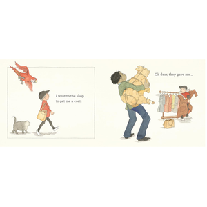Illustration from a children's book showing a person shopping and another person carrying boxes.