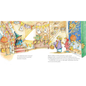 Illustrated Halloween scene with children trick-or-treating, ghosts, and pumpkins.