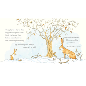 Illustration of two hares near a tree with text on a white background