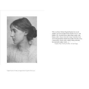 Black and white portrait of a woman with text on a white background
