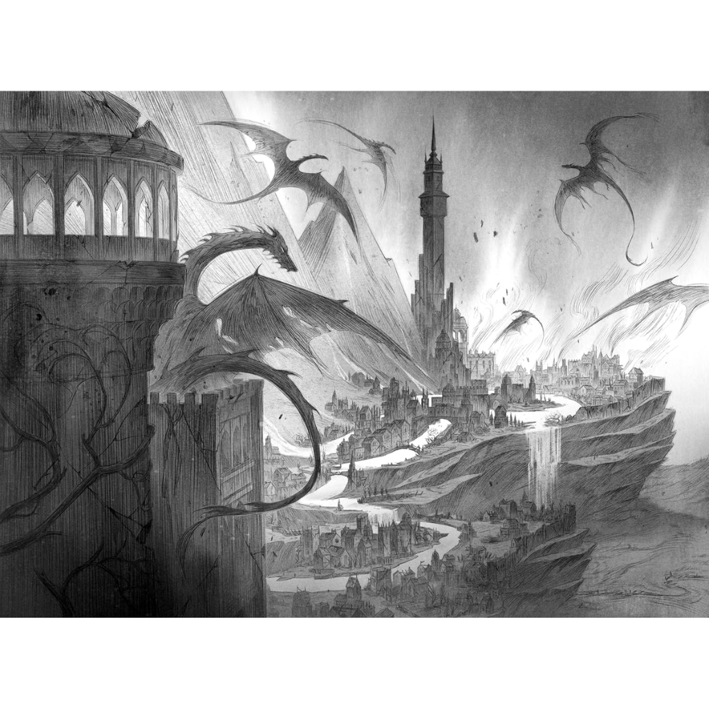 Black and white illustration of dragons flying over a cityscape with a tower.