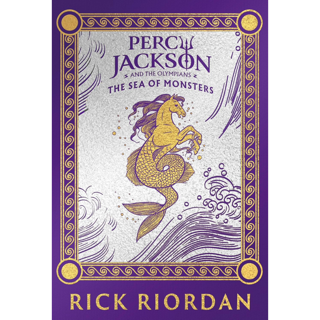 Book cover of 'The Sea of Monsters' from Percy Jackson series with a purple border and sea-themed illustration.
