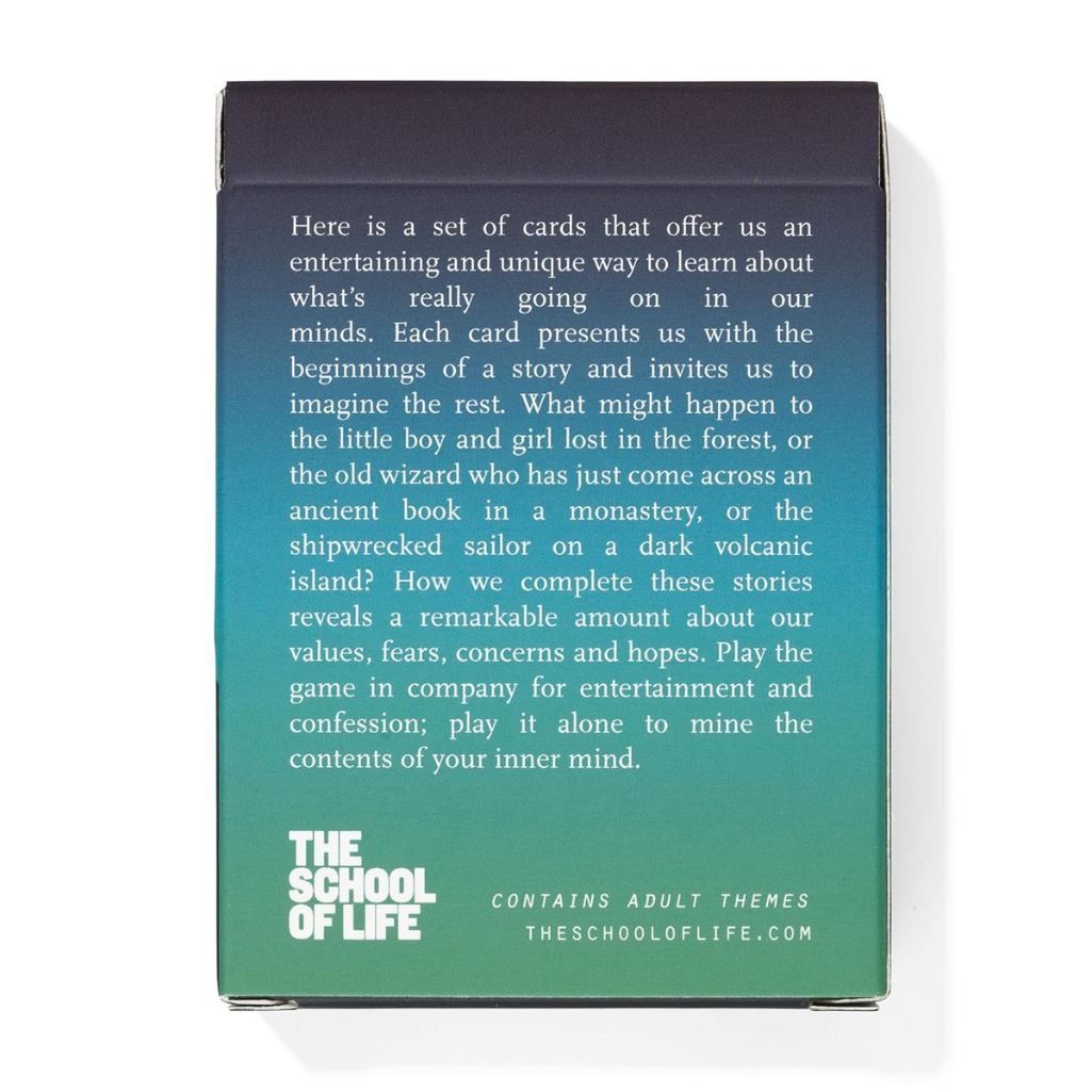 Card game box with text about storytelling and themes from 'The School of Life'.