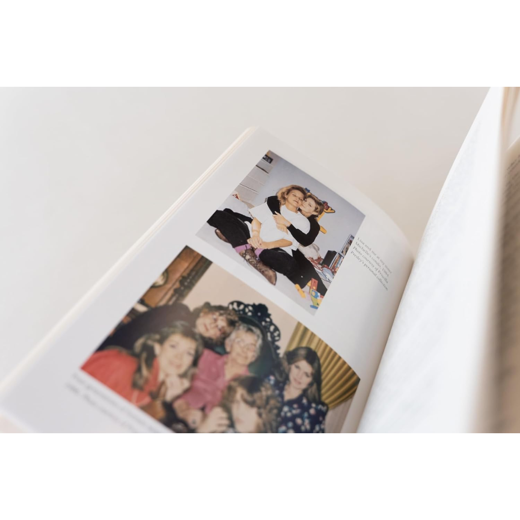 Open photo album with vintage-style images of people on a white surface