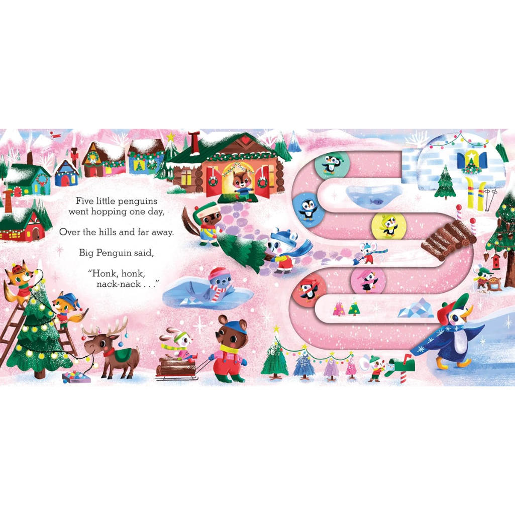 Illustrated page from a children's book with a pink letter 'S' and festive winter scene.