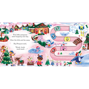 Illustrated page from a children's book with a pink letter 'S' and festive winter scene.