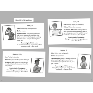 Book pages featuring illustrations of children and their descriptions, with a focus on Agatha Christie quotes.