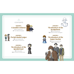 Illustrated book cover with character illustrations and chapter titles on a light green background