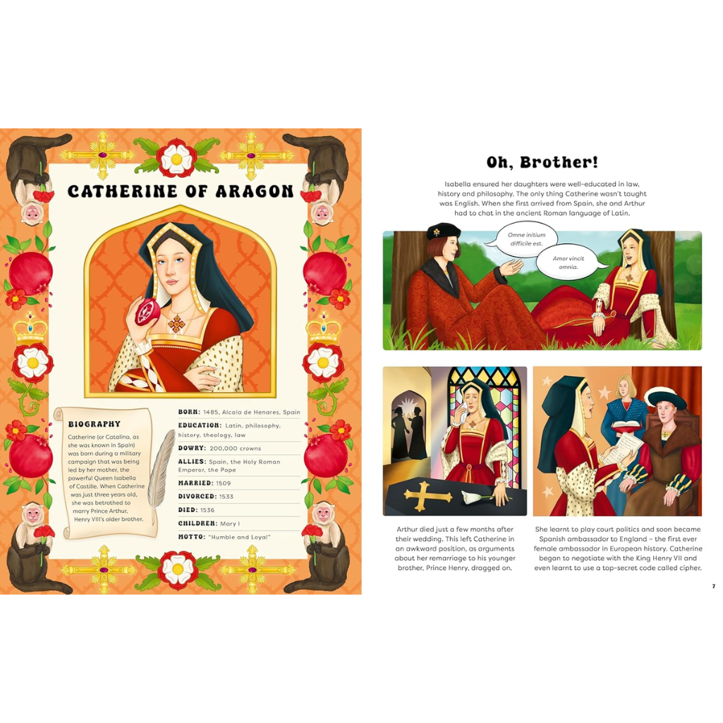 Illustrated book page about Catherine of Aragon with historical illustrations and text.