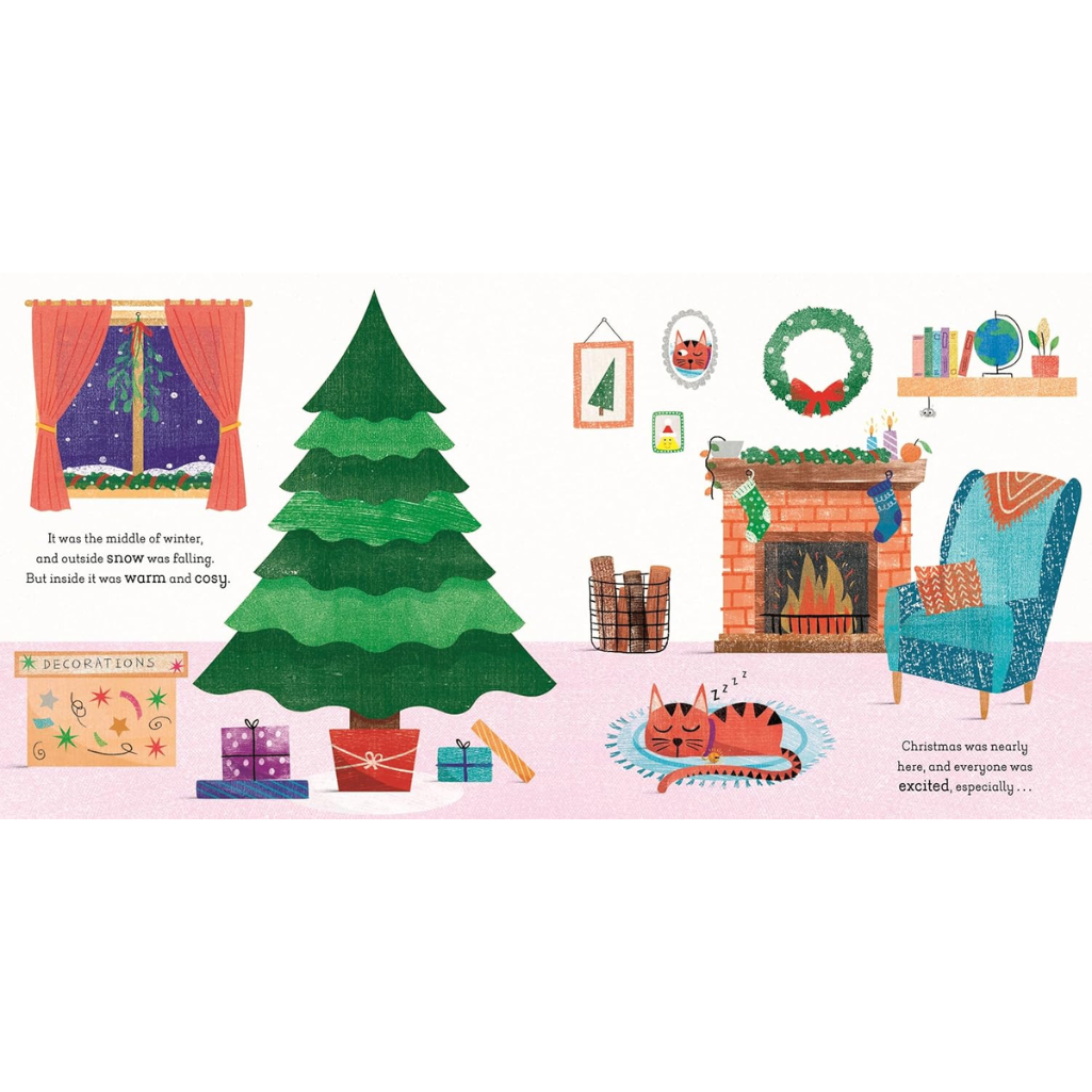 Illustration of a cozy living room with a Christmas tree, fireplace, and cat.