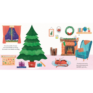 Illustration of a cozy living room with a Christmas tree, fireplace, and cat.