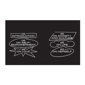 Black background with white text and speech bubble graphics on a white background