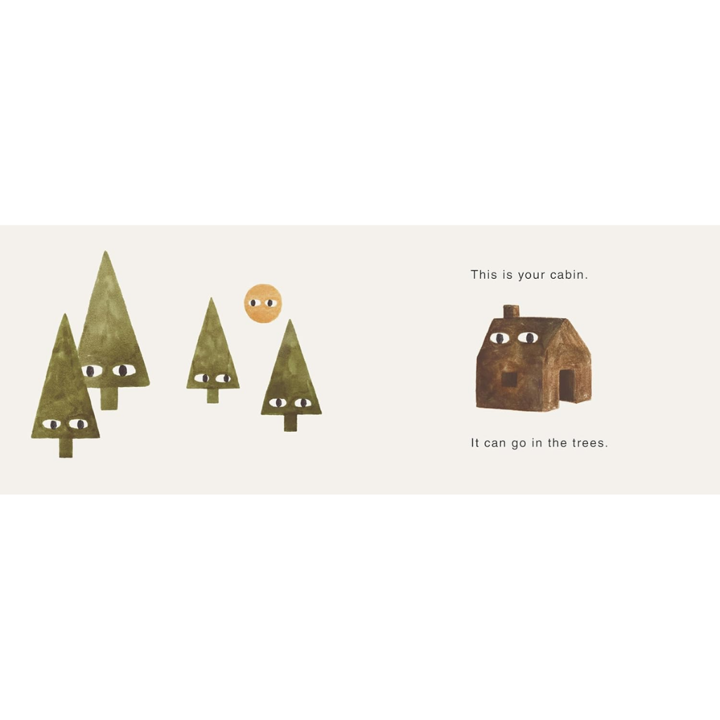 Illustration of trees with faces and a cabin on a white background