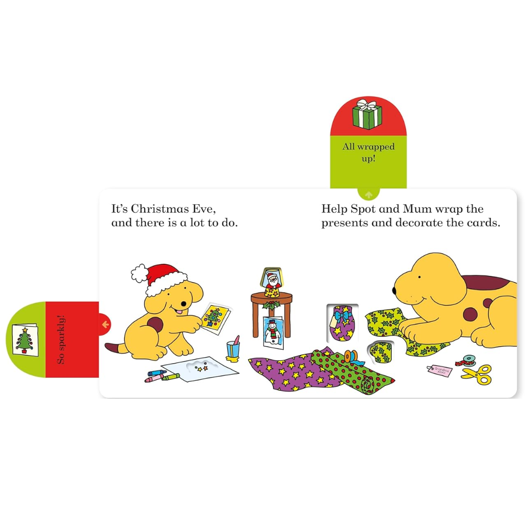 Illustrated page from a children's book showing two dogs wrapping presents and decorating cards on Christmas Eve.