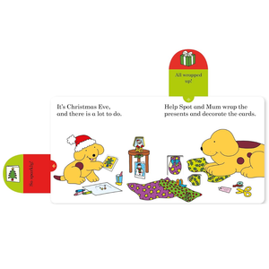 Illustrated page from a children's book showing two dogs wrapping presents and decorating cards on Christmas Eve.