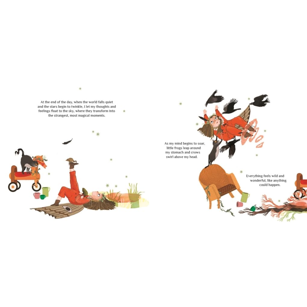 Illustrated page from a children's book with a character in a red outfit and hat, surrounded by animals and nature.