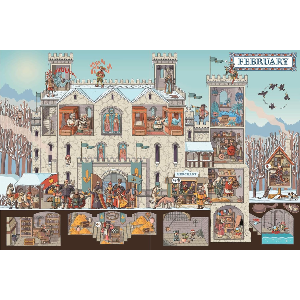 Illustration of a castle with various scenes and activities on different floors, labeled 'February'.
