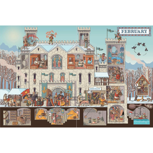 Illustration of a castle with various scenes and activities on different floors, labeled 'February'.