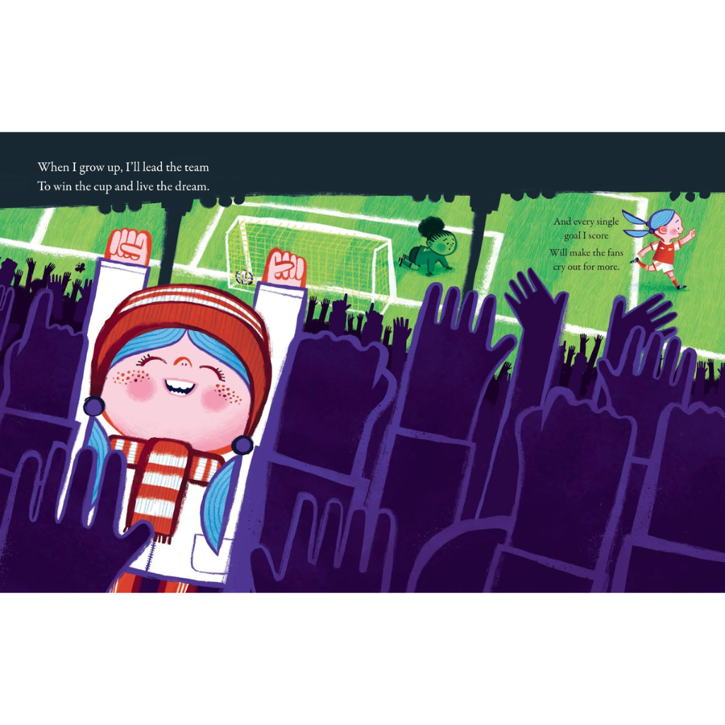 Illustration of a child cheering at a sports event with text on a white background
