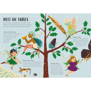 Illustration of fairies around a tree with descriptive text on a light blue background