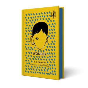 Book cover of 'Wonder' by R.J. Palacio with a yellow background and blue accents.