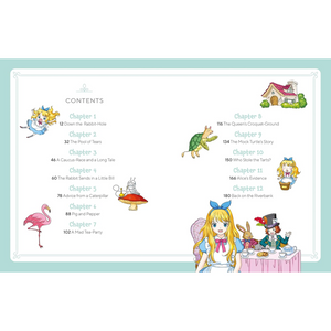 Illustrated table of contents for a children's book with cartoon characters and scenes.