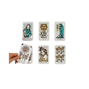 Set of tarot cards with artistic illustrations on a white background