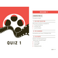 Quiz page with film reel design and question prompts on a red and white background