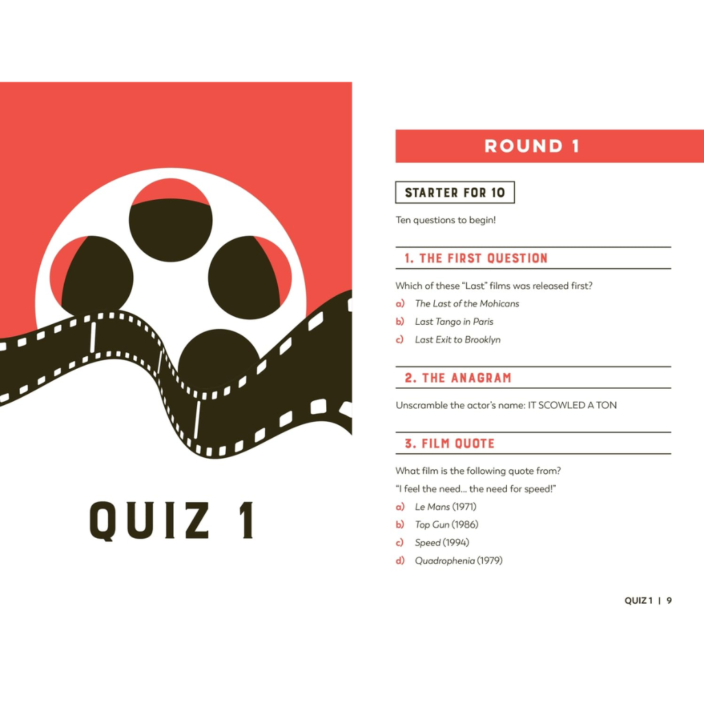 Quiz page with film reel design and question prompts on a red and white background