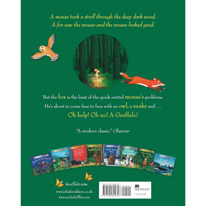 Book cover with illustrations of a fox, mouse, owl, and snake in a forest, and text about the Gruffalo story.