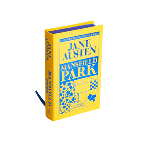 Yellow book titled 'Mansfield Park' by Jane Austen on a white background