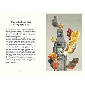 Page from a book with text and an illustration of a clock tower with fiery and animal-like elements.