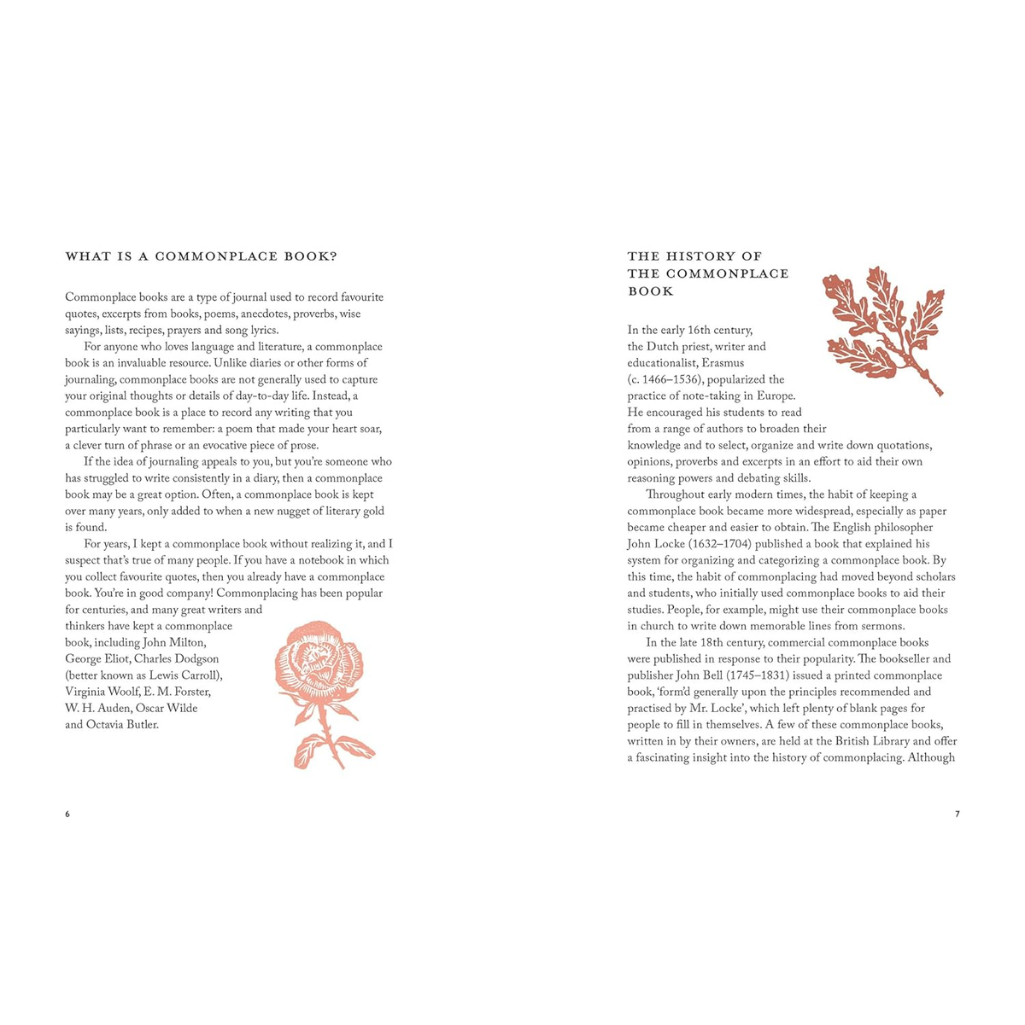 Text page from a book with decorative floral illustrations on a white background