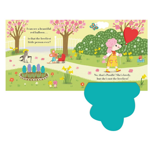 Illustration of a children's book page with a girl holding a red balloon in a park setting.