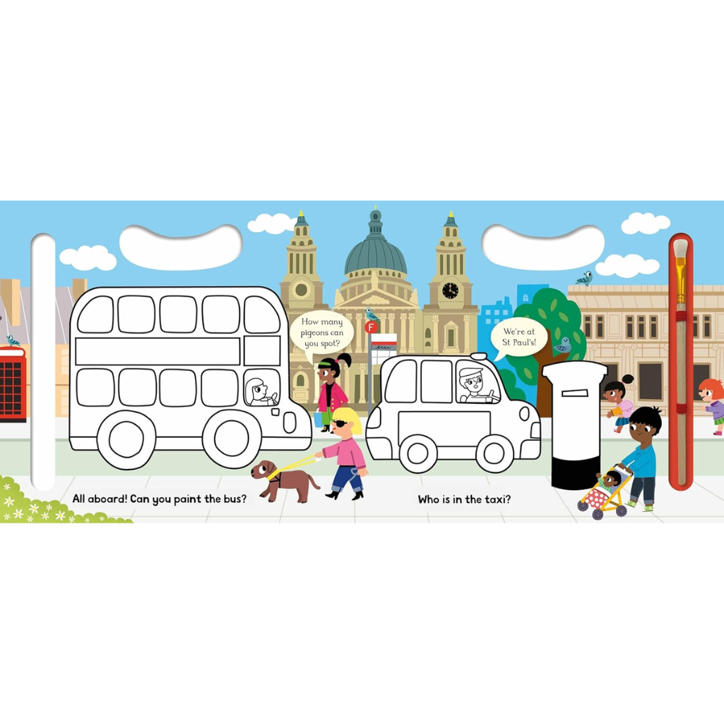 Coloring book page with London-themed illustrations and prompts.