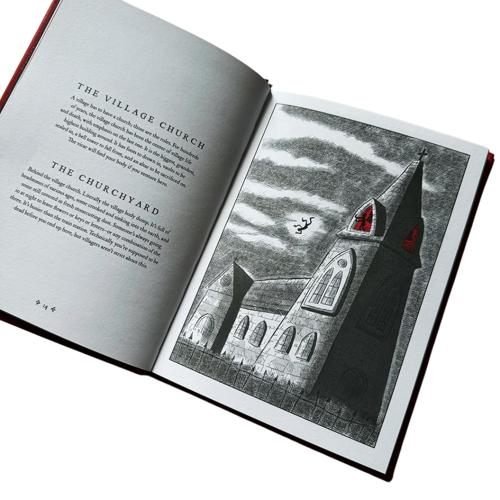 Open book with a black and white illustration of a church on a white background