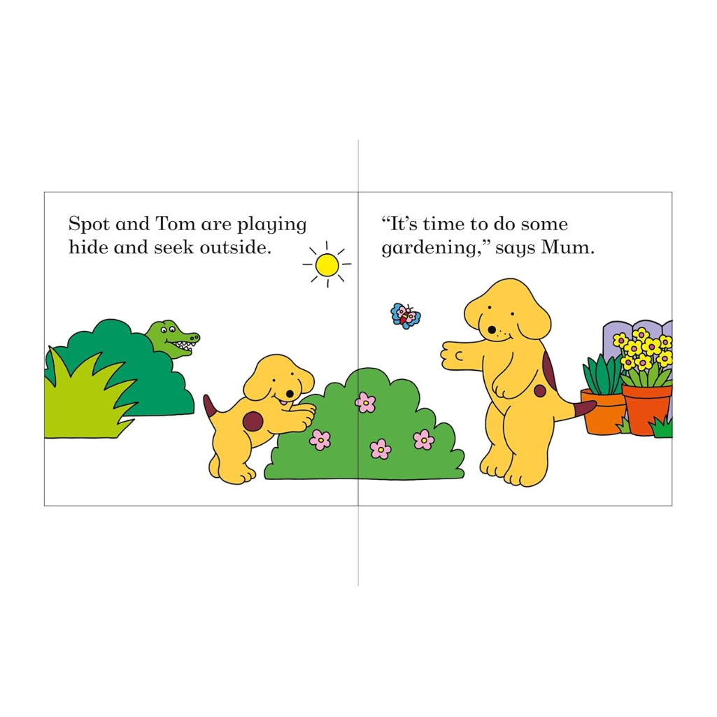 Illustration of two dogs playing hide and seek with gardening activity on a white background