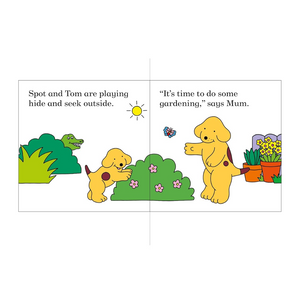 Illustration of two dogs playing hide and seek with gardening activity on a white background