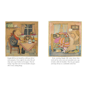 Illustrated book page with two panels showing a character living a stolen life.