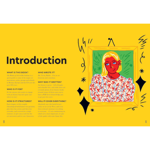 Book page with 'Introduction' text and an illustration of a woman's face in a yellow frame on a yellow background.