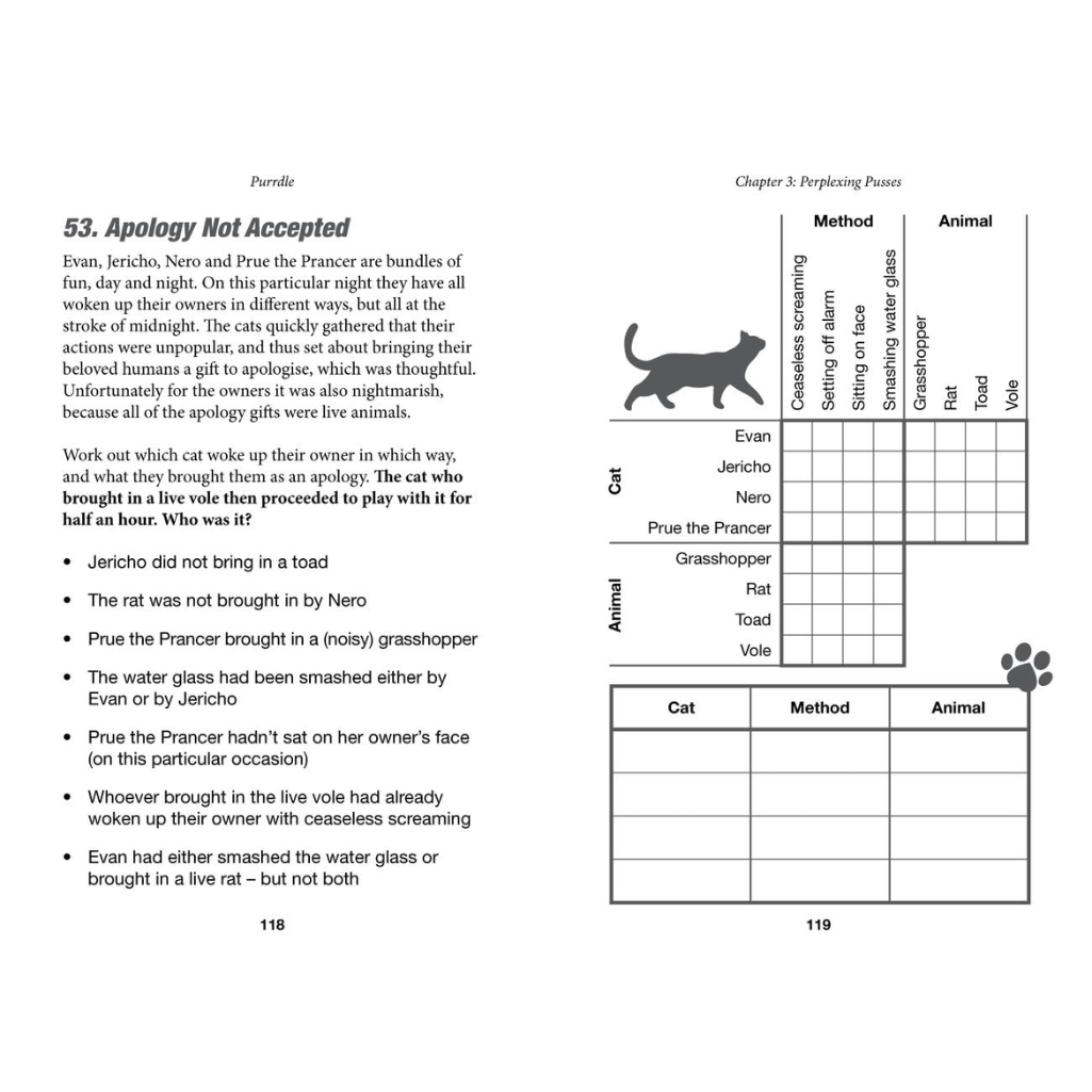 Page from a book with text and a chart about animals and methods, featuring a cat illustration.