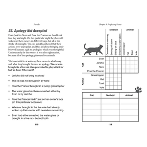 Page from a book with text and a chart about animals and methods, featuring a cat illustration.